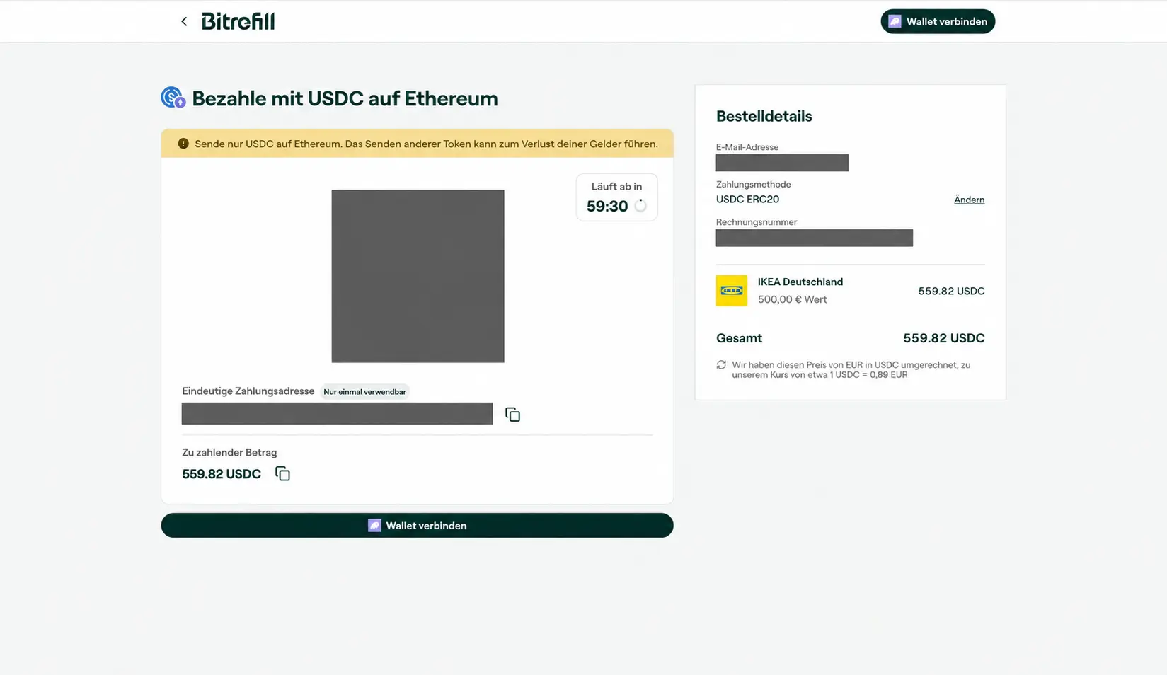 Bitrefill-Zahlungsseite für einen IKEA-Gutschein über 500 Euro mit einem Zahlbetrag von 559,82 USDC auf Ethereum; persönliche Angaben und Zahlungsdaten sind verdeckt.