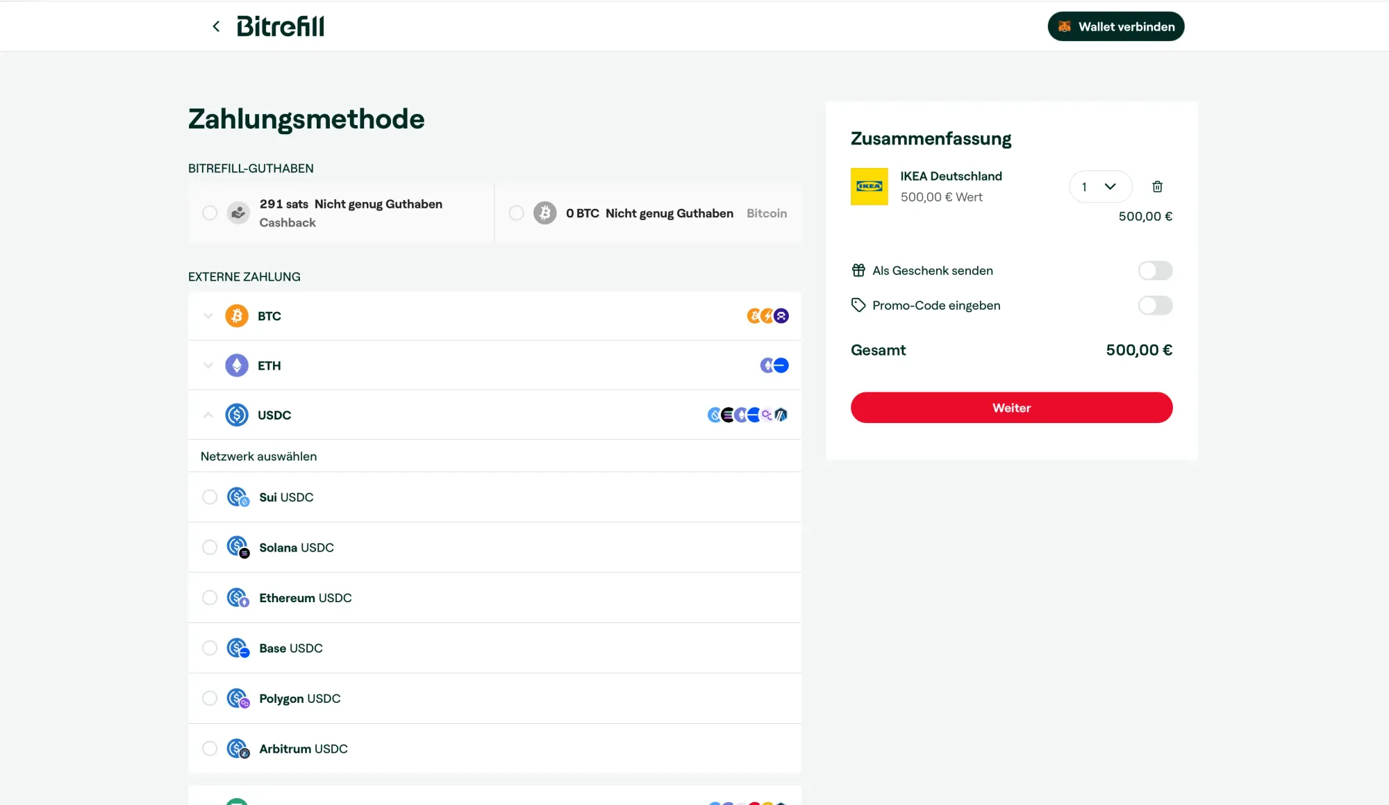 Bitrefill-Checkout mit geöffneten USDC-Zahlungsoptionen über Sui, Solana, Ethereum, Base, Polygon und Arbitrum sowie einem IKEA-Gutschein über 500 Euro.